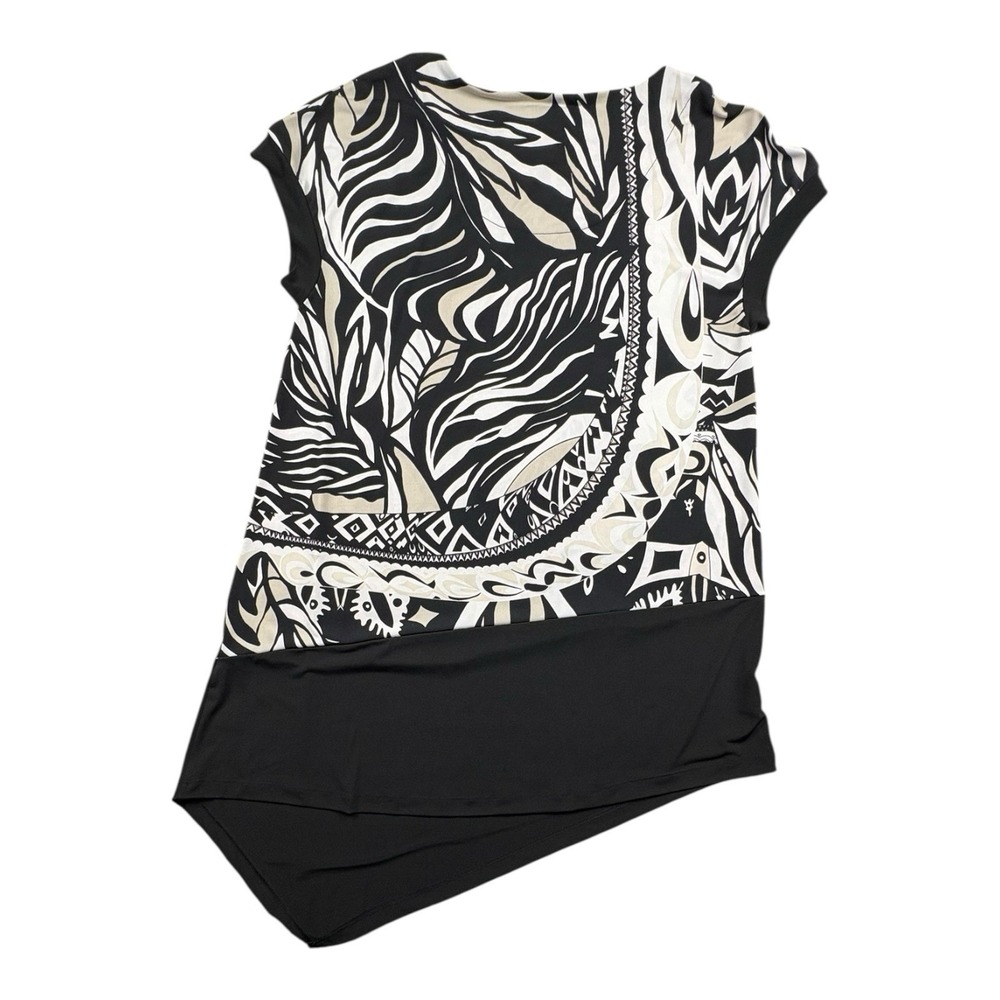 Chico's Size 2 Black Beige‎ Asymmetrical Hem Tunic Top Short Sleeve Stretch - Picture 2 of 8